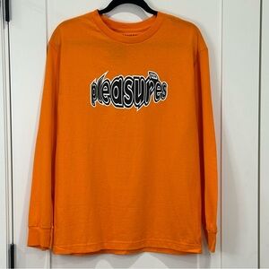 Pleasures Now Strain Logo Long Sleeve T Shirt Neon Orange Spellout Medium New